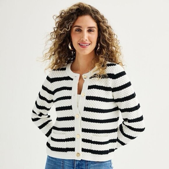 Draper James Cardigan Sweater Womens L Black White Preppy Parisian Chic Nautical - Picture 1 of 8